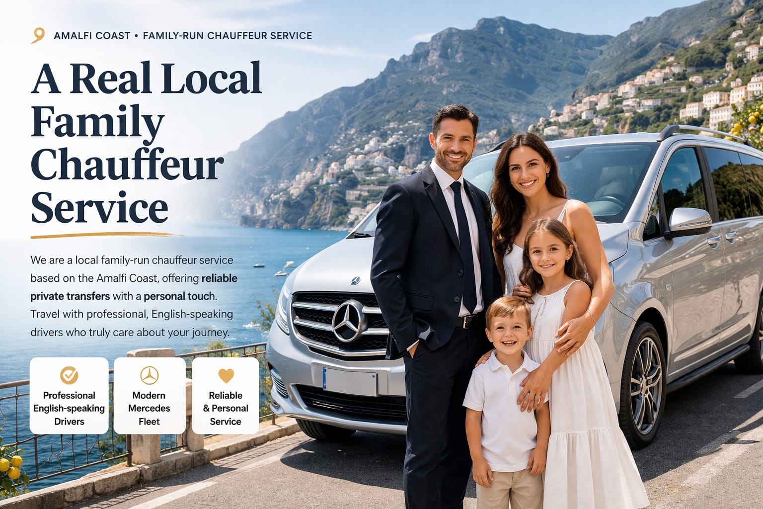 family private transfer amalfi coast with professional driver and mercedes vehicle